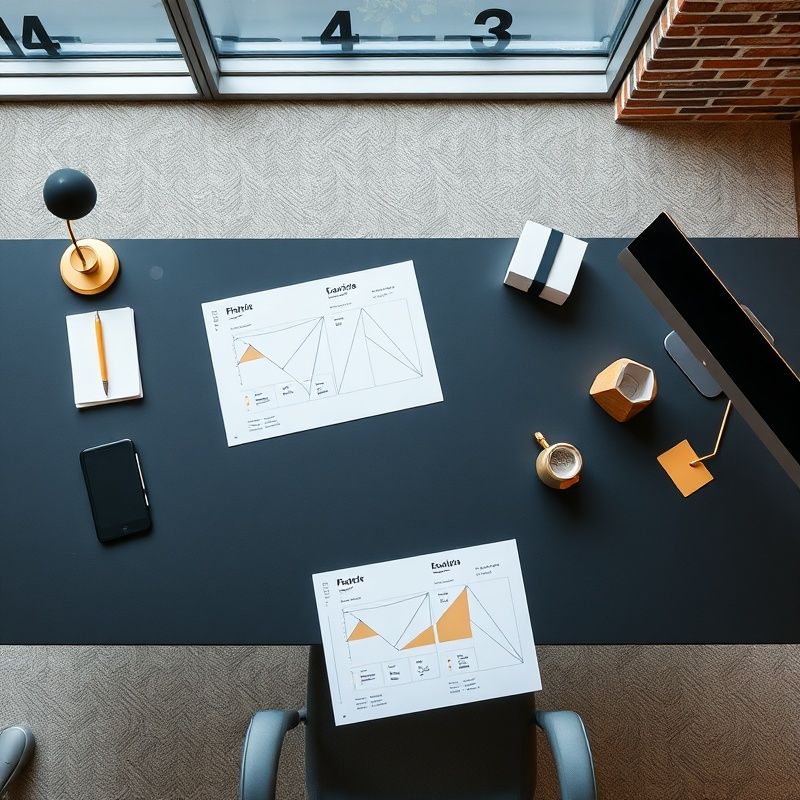 Gestructureerde risicodiagrammen op een charcoal bureau met gouden accenten