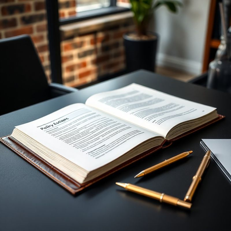 Open leren polisdocument met gouden pen op een charcoal bureau
